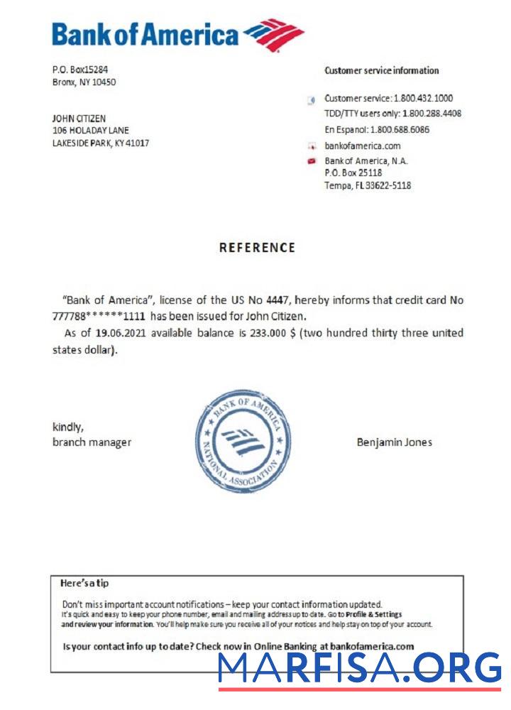 Printable USA Bank of America reference download for verification
